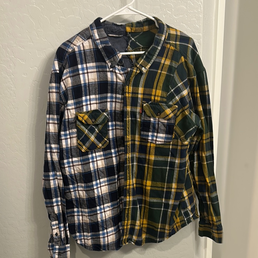 Green and Blue Button Down Shirt with Split Plaid Design